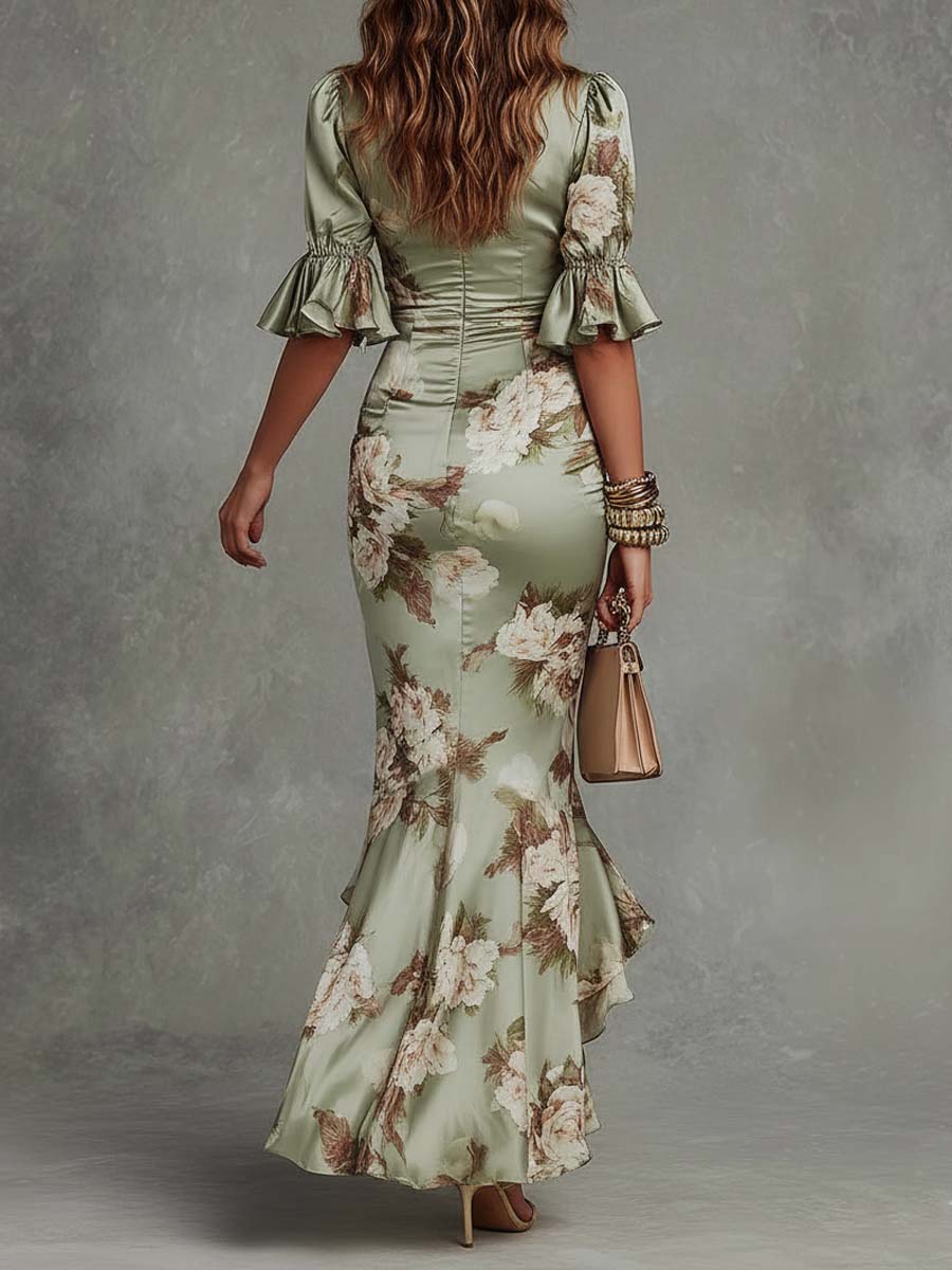 Isabelle | Robe longue asymétrique à encolure en V, manches bouffantes évasées et motif floral