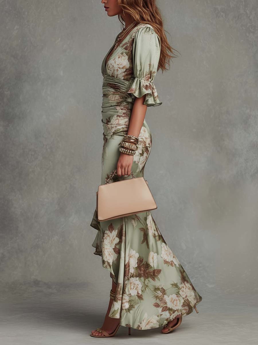 Isabelle | Robe longue asymétrique à encolure en V, manches bouffantes évasées et motif floral
