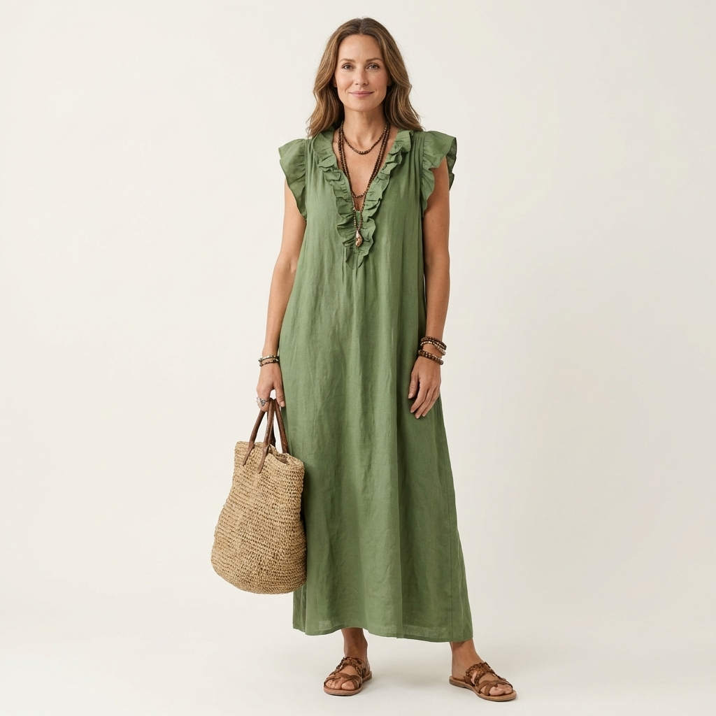 Josette | Robe longue en lin à volants et encolure en V