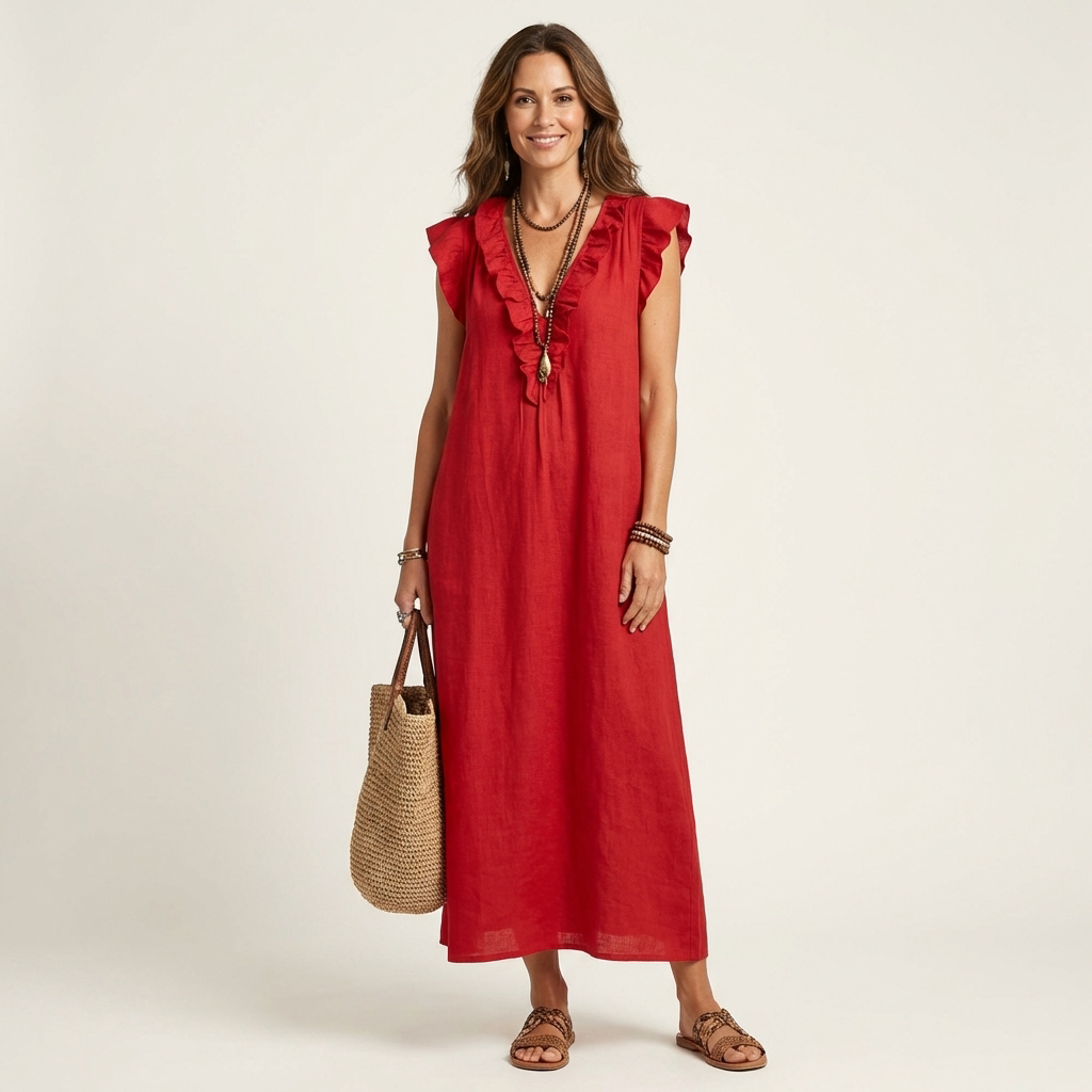 Josette | Robe longue en lin à volants et encolure en V
