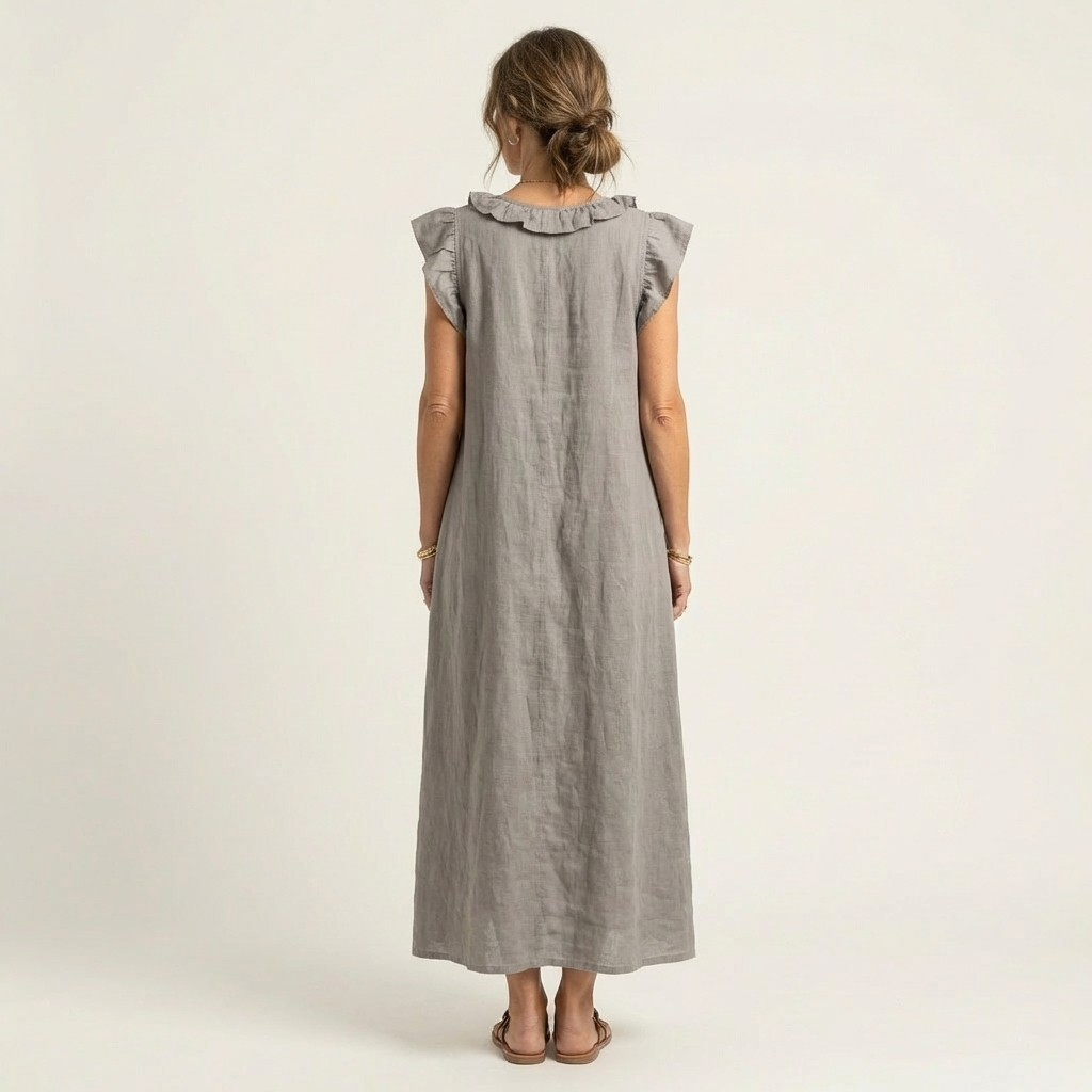 Josette | Robe longue en lin à volants et encolure en V