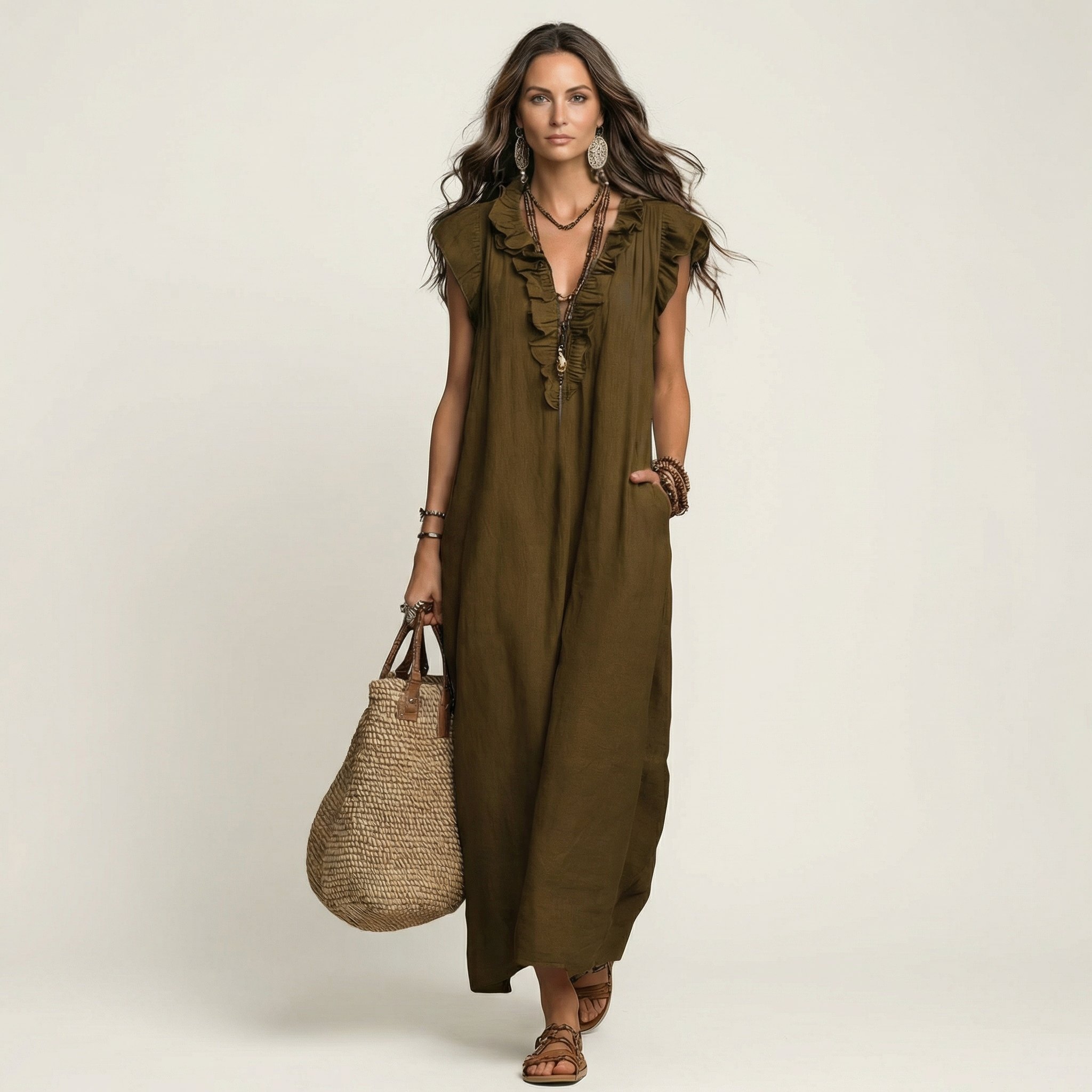 Josette | Robe longue en lin à volants et encolure en V