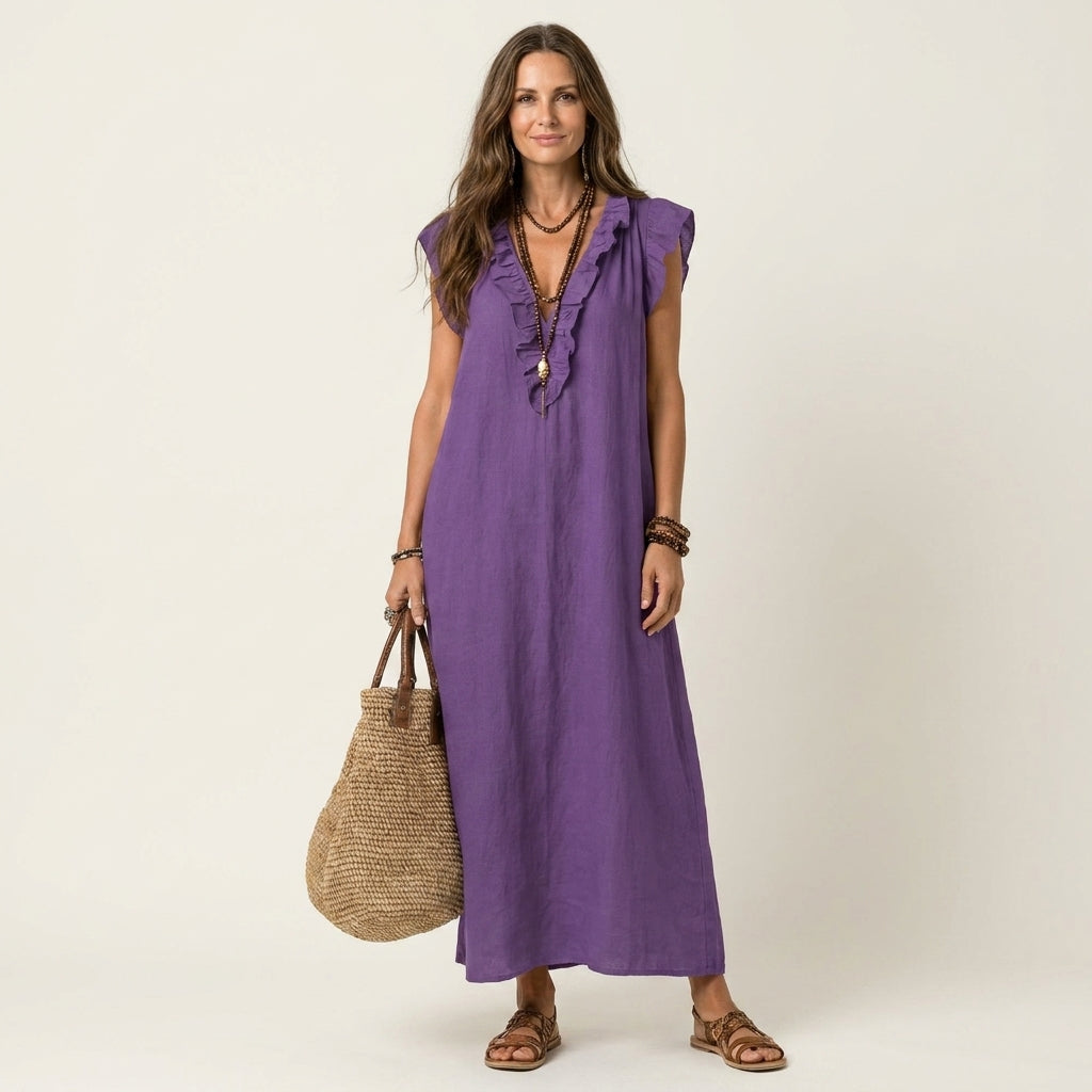 Josette | Robe longue en lin à volants et encolure en V