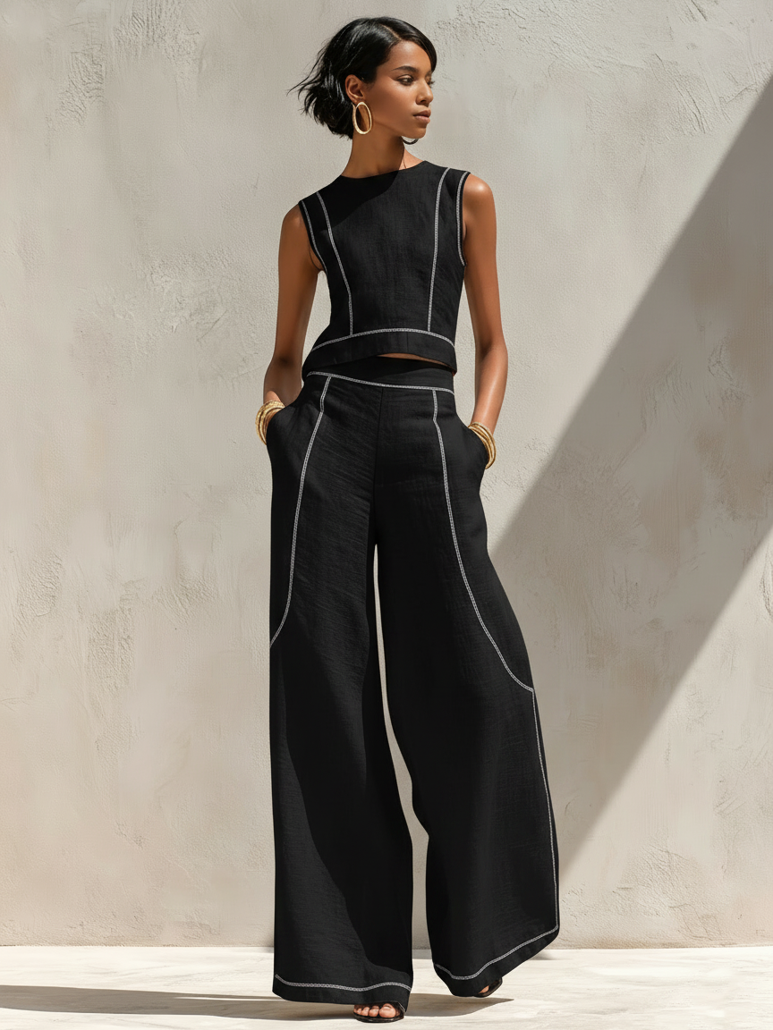 ANAÏS | ENSEMBLE PANTALON ÉLÉGANT À COUTURES CONTRASTÉES