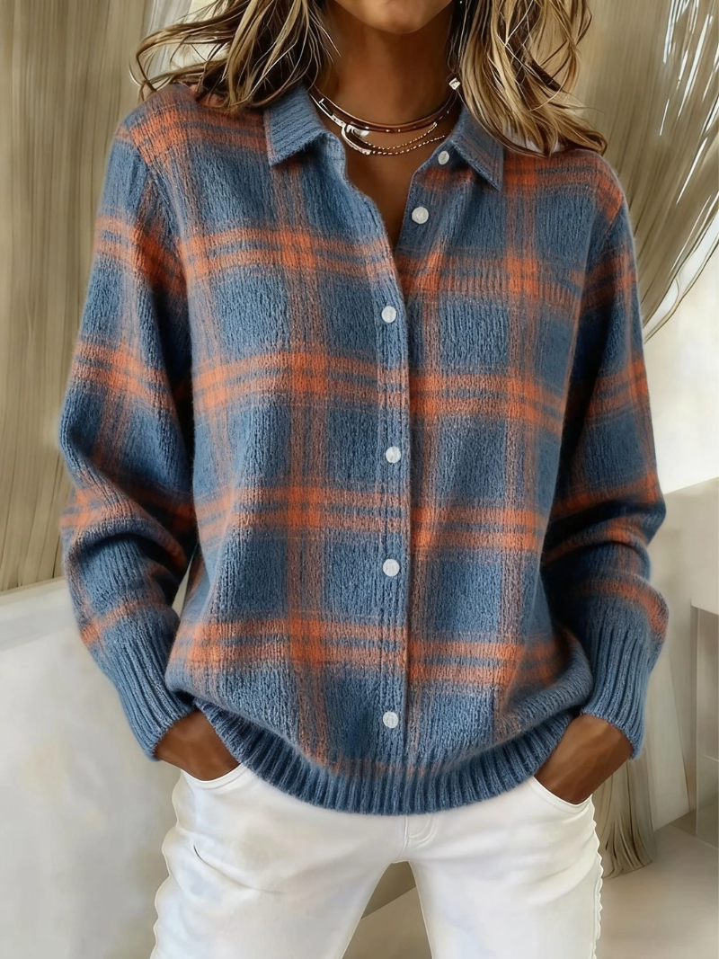 ZAFIRA | CARDIGAN À CARREAUX BLEU CHAUD