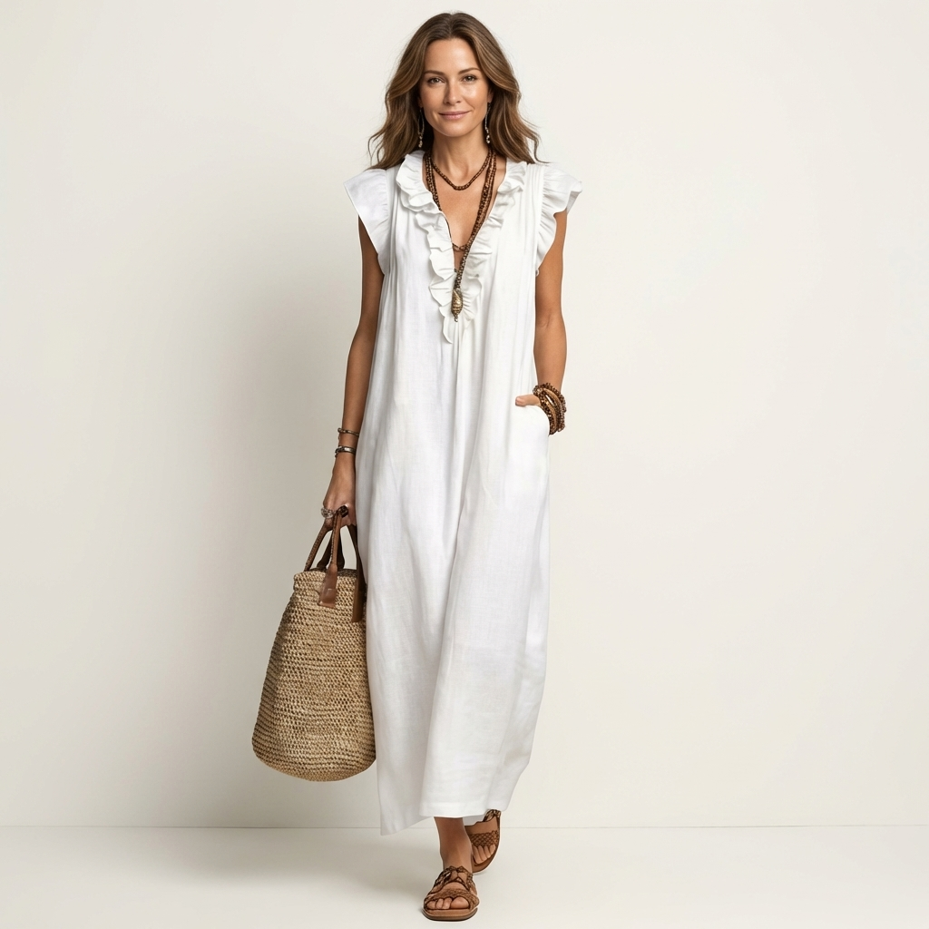 Josette | Robe longue en lin à volants et encolure en V