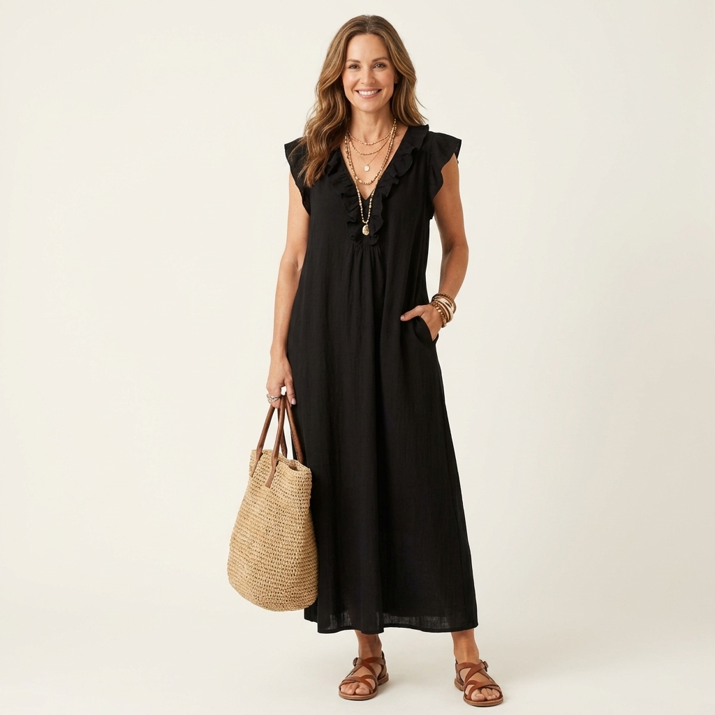 Josette | Robe longue en lin à volants et encolure en V