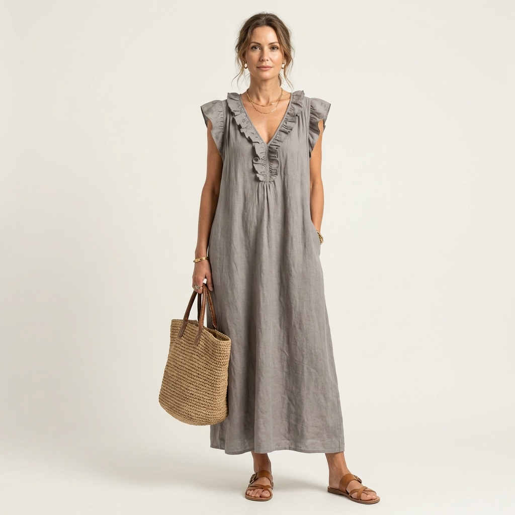 Josette | Robe longue en lin à volants et encolure en V