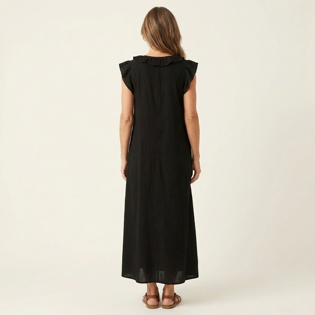 Josette | Robe longue en lin à volants et encolure en V