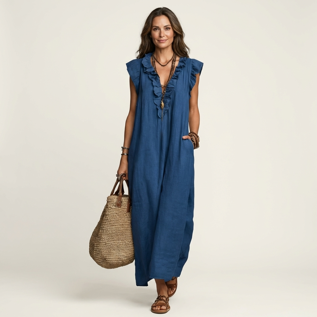 Josette | Robe longue en lin à volants et encolure en V