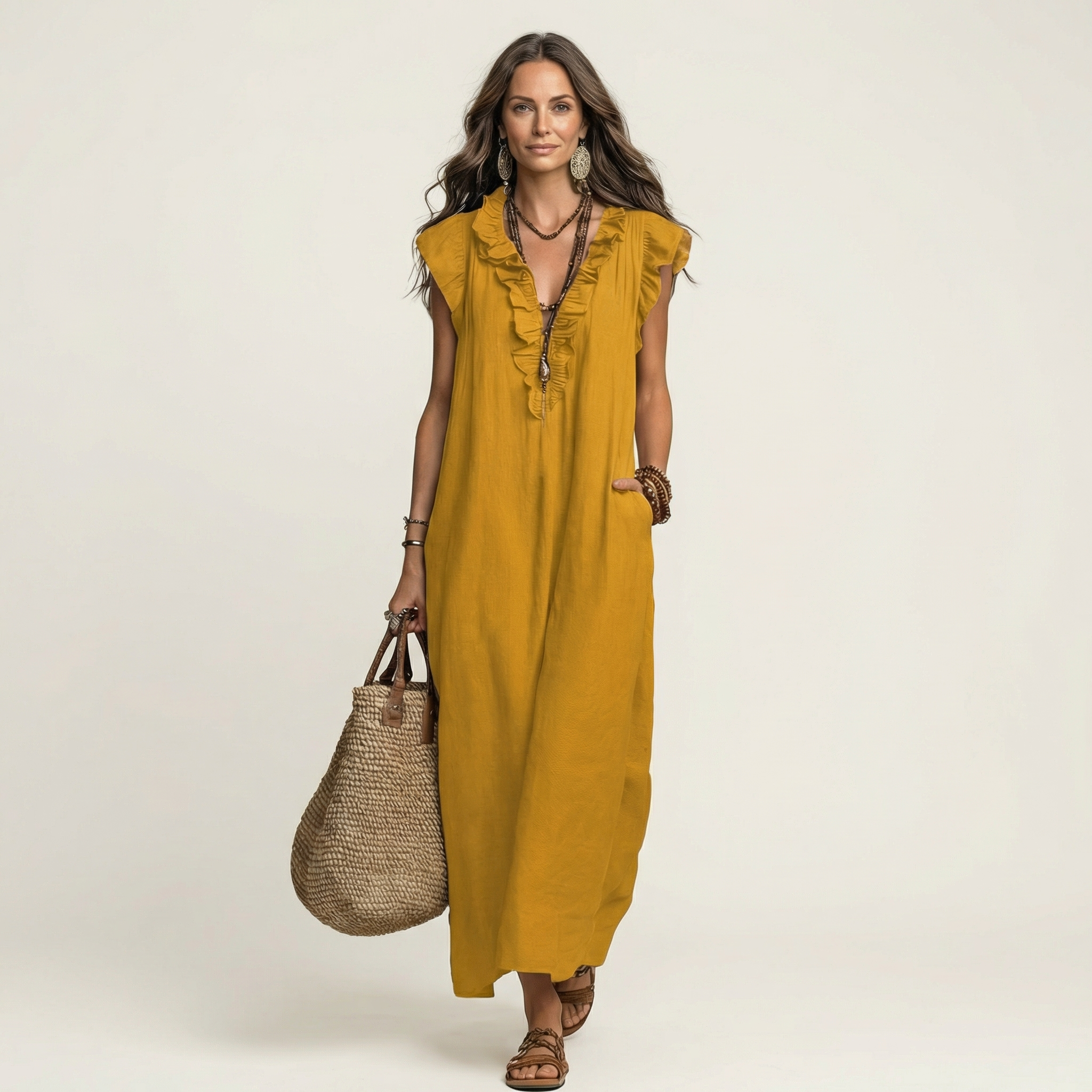 Josette | Robe longue en lin à volants et encolure en V